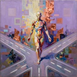a beautiful abstract painting by peter vahlefeld of an anatomy study of the human body on a highway intersection, color bleeding, pixel sorting, copper oxide material, brushstrokes by jeremy mann, studio lighting, pastel purple background, square shapes