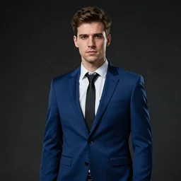 man in his 20s with short brown hair wearing a blue business suit as a killer on Dead by Daylight character, portrait