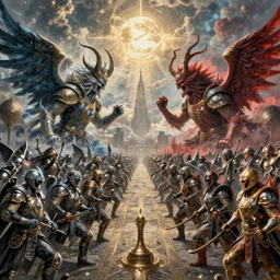 the armies of heaven and hell!!!! fantasy character portrait!!, facing each other!!!!!!!!!!!! ultra realistic, wide angle, intricate details, the fifth element artifacts, highly detailed by peter mohrbacher, boris vallejo, craig mullins
