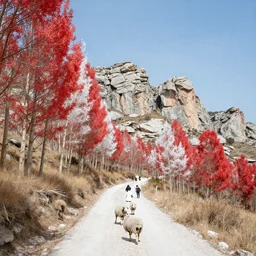 this epic landscape has attracted artists, photographers and film - makers since people began settling here. the red and white canopy of poplar trees is echoed in the sea - salt used to harden camino paths ; the local sheep are small and scrappy, the tattered dresses of our don delillo - era rebels could have been sewn by the artists'quarter ; even the dramatic rock faces are figurative – they have been shaped by the wind, time and the sheer difficulty of the climb.