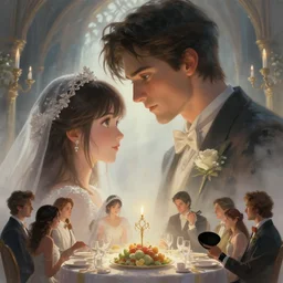 a cinematic portrait of wedding photograph close up moment of a divine a young man and young girl lovers magician at a wedding banquet, digital painting, artstation, concept art, fantasy style, anime key visual, 8 k, cinematic lighting, beautiful, mist, hyper detailed, masterpiece by krenz cushart, yoji shinkawa artgerm, jon lothian, danilo torres, adi meyers, thomas reimann, gaston bussiere,