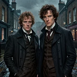 a detailed matte portrait of sam winchester and dean winchester in a supernatural sherlock holmes story, 1 8 th century london in the rain, city streets, ominous, masterpiece, 8 k, art by alphonse mucha and greg rutkowski