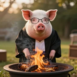 “ photo of a pig dressed as a judge with a robe and glasses, roasting over a fire pit realistic shaded, fine details. realistic shaded lighting, award winning photo, golden hour, 2 0 mm lens ”