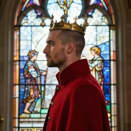 side - view portrait of a man wearing a small crown, buzzcut, stubble, wears a red coat, gothic stained glass window, shiny mosaic background, very masterful, royal, backlit