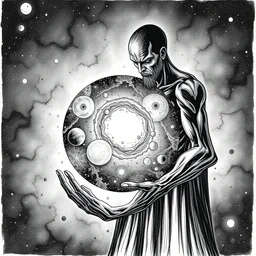 high intricate dreamy ink drawing of the sandman holding a perfect round otherworldly galaxy, full shot, neil gaiman, maria panfilova, andrea savchenko, mike kime, ludovic plouffe, qi sheng luo, oliver cook, julian calle, eddie mendoza, trending on artstation