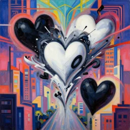 a collision of exploding black hearts and white hearts in surreal abstract form of a cityscape, vivid vibrant geometric art deco. trending on pixiv and artstation. an absurdly detailed oil painting
