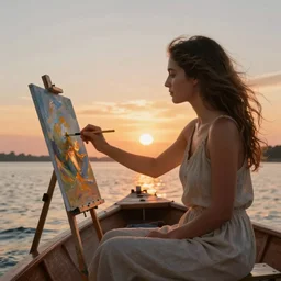 A woman painting on a boat in the sunset