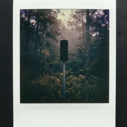 a traffic light in the middle of a forest clearing, old polaroid, expired film, foggy, dark, surreal, eerie, creepy,