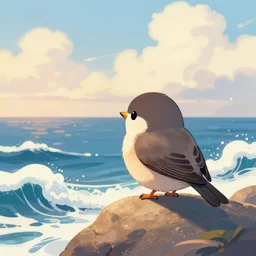 goro fujita ilustration a cute little bird perched on a rock watching the ocean and the waves with their foam, the sky with fluffy clouds and makes a warm light, painting by goro fujita, sharp focus, highly detailed, artstation