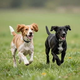 Two spaniel dogs running, one very light brown spaniel dog white hair chest and one is a black spaniel dog with white hair chest running in a meadow low angle realism coherent focus epic background 4k