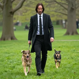 film still of john wick played by keanu reeves walking his dog in the park in the new john wick movie, 4 k