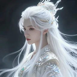 beautiful glowing ethereal white hair fantasy portrait, elegant hair, complex design hair, ultra realistic, wide angle, intricate details, fantasy artifacts, highly detailed by peter mohrbacher, hajime sorayama, wayne barlowe, boris vallejo, aaron horkey, gaston bussiere, craig mullins
