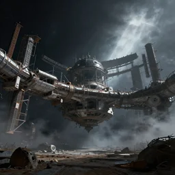 a outside view of abandoned space station in the deep space, cinematic view, epic sky, detailed, concept art, low angle, high detail, darksynth, volumetric, ominous, misty, beautiful, trending on artstation, by jordan grimmer and federico pelat and wadim kashin, huge scene, interior architecture zaha hadid