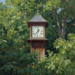 quaint painting of an old wooden clocktower emerging from a canopy of trees