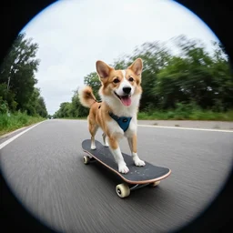 a dog riding a skateboard down the road, fish eye lens
