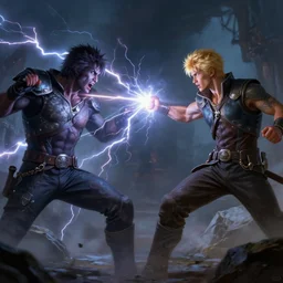 a man with short blonde hair shooting lightning bolts at his enemy in battle. detailed matte painting. masterpiece. 4 k. fantasy art. by gaston bussiere. derek zabrocki. craig mullins