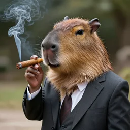 a high detail photo of an antropomorphic capybara wearing a suit smoking a cigarrette, subject= duck, subject detail: wearing a suit, subject action: smoking a cigarrette photorealism
