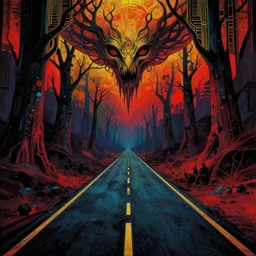 the long and perilous lonely road to nowhere, A vain attempt to escape the cursed depths of abyssal Hades, art deco, grimdark vibrant palette