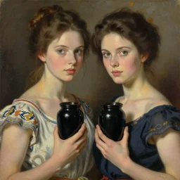 portrait of two beautiful gorgeous captivating finnish norwegian swedish glamour models wearing by dress on shoulders with black jars in hands, jodhpurs greg manchess painting by sargent and leyendecker, studio ghibli, close - up shot rim light asymmetrical illustration hearthstone, by greg rutkowski by greg tocchini by craig mullins