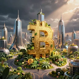 Photo of a futuristic Bitcoin megacity with plenty of vegetation, Bitcoin logos everywhere, utopia, highly-detailed