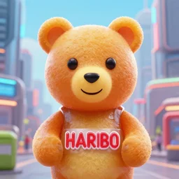 portrait of haribo bear in future city, color and shape focus, cen