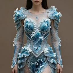 a regal brown woman wearing an intricate and detailed armor made of azure ocean waves. layers. textures. delicate. translucent. soft. ethereal. fragile. vulnerable. studio portrait. photorealistic.