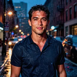 night flash portrait photography of jason momoa on a rainy night on the lower east side by annie leibovitz, raining!!!, colorful!!, nighttime!!,