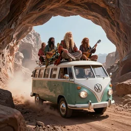 bizarre interdimensional scene of a time-traveling VW microbus loaded with space hippies jaunting through a wormhole into the unknown. ultra-wide shot, detailed, trending on artstation, light effect, 8k, unreal engine 5, epic, masterpiece, highly detailed