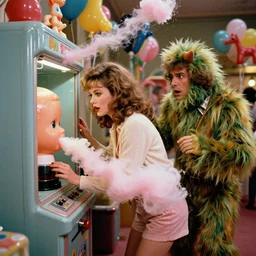 highly detailed 1970s romantic movie scene photograph, of a woman entering a machine. The machine has a plastic dolls head. A man dressed in a monster costume, watches shocked from beside her. There is candy floss flowing everywhere and abstract animal balloons