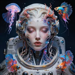 full shot of a beautiful venus goddess monster astronaut defined facial features, intricate abstract. cyberpunk, symmetrical facial features. biomechanics. betta fish, jellyfish phoenix, bio luminescent, plasma, by ruan jia and artgerm and range murata and wlop and ross tran and william - adolphe bouguereau and beeple. in the style of jin kagetsu, james jean and wlop, key art. fantasy illustration. award winning, artstation, intricate details, realistic, hyperdetailed, 8 k resolution.