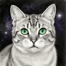 highly detailed realistic pencil sketch portrait of a beautiful cat with big green eyes in front of the universe