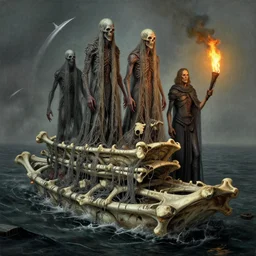 airbrush of 4 character, tiered flayed bone rafts on sewer sea, dystopian, by wayne d barlowe, h r giger, simon bisley & boris vallejo, enric torres, hyper realism, narrative light, muted colors, epic, hyper detailed, awe inspiring, award winning horror, torch lighting, hyper realism, cinematical
