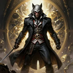 a werewolf dressed in a black trench coat, and jeans, in the style of assassin's creed, by frank frazetta, by wlop, dramatic, portrait, angry, evil, powerful, thick, huge, ray tracing ambient occlusion, shaders, post processing, sfx, in a symbolic and meaningful style, insanely detailed and intricate, hypermaximalist, elegant, ornate,