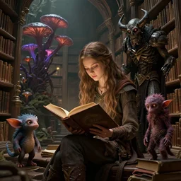 by artgerm and agostino arrivabene, visually stunning, cinematic, ultra realistic, hyper realism, epic, octane render, unreal engine, vfx, a girl reading a book, old library, long hair, fungal enchanter, murloc tinyfin, dread infernal, wee whelp, battle ram