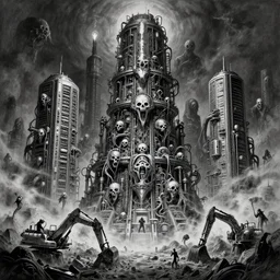 b & w inks of 1 1 horrifying machines in tiers, emotionless, terrifying, all mainframe and medical, filthy, putrid chrome, insane speed of excavating planet grave, by wayne d barlowe, boris vallejo, geof darrow, stefano tamburini, torch light, muted colors, epic, hyper detailed, awe inspiring, award winning horror, hyper realism