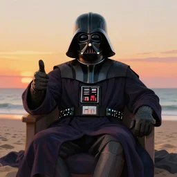 portrait shot of a darth vader relaxing on a beach wearing a bathrobe during sunset giving a thumbsup, intricate, elegant, highly detailed, centered, digital painting, artstation, concept art, smooth, sharp focus, illustration, artgerm, tomasz alen kopera, peter mohrbacher, donato giancola, joseph christian leyendecker, wlop, boris vallejo