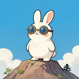 round rabbit with steampunk glasses, standing in the top of the mountain, art by murakami takashi, colorful ink painting, cartoon, fantasy, gold color scheme, perfect lighting, smooth, digital art, concept art, trending on artstation