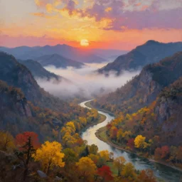 The most beautiful panoramic landscape oil painting where the mountains are towering over the valley below their peaks shrouded in mist. The sun is just peeking over the horizon and the sky is ablaze with colors. The river is winding its way through the valley and the trees are starting to turn yellow and red, by Greg Rutkowski
