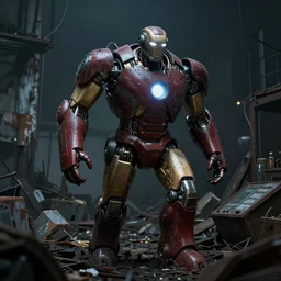 The Iron Giant wandering a junkyard, mysterious, Octane Render, Raytracing, 135mm camera lens, moody lighting, dark