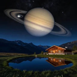 a beautiful double exposure of an astrophotography saturn photo by cassini, and a night time landscape with mountains, reflecting pool, wooden chalet, lpoty, award winning, apod