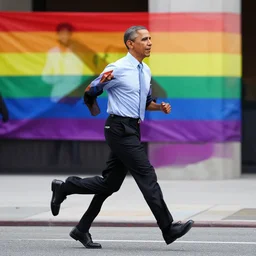 obama running with a gay pride flag, 4 k, politician