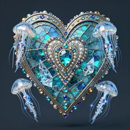 steampunk shyny pearled centered symmetrical heart with multicolored gems, jellyfish, glass, ice. by casey baugh, by rembrandt, mandelbulb 3 d, turquoise rust, stained glass, unreal engine, volumetric lightning