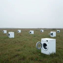 rainy abandoned grassy field wasteland with white identical washing machines scattered across the wide open field - no horizon