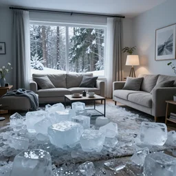 a photograph of a living room filled with ice,  dramatic, calm, 4k, high-resolution, near forest