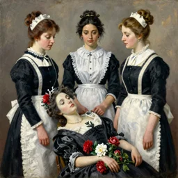 painting by Balthus, three women, two of them are servants, one is a dead French queen, red and white flowers, Marie Antoinette