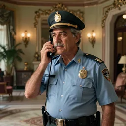 cinematography portrait of a cop talking to his radio in an decadent mansion foyer by Emmanuel Lubezki