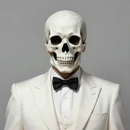 portrait of a man wearing skull mask and white formal suit, digital illustration, matte painting, hyperrealistic, photoreal, symmetry, highly detailed, 8 k, hd, by beksinski and rutkowski and stalenhag