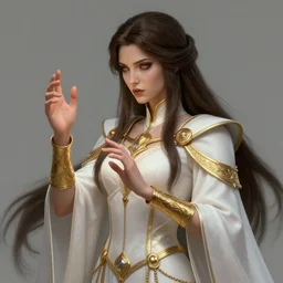 picture of a priestess channelling a vengeful spirit onto herself, brunette, white robes, golden accessories, high fantasy, dnd, highly detailed, smooth, sharp focus, digital illustration, by rossdraws, frank franzzeta, sakimichan