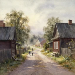 watercolor painting of rustic village street at finland country side, ambient lighting and shadows, fog, art by hans dahl, by jesper ejsing, art by anders zorn, wonderful masterpiece by greg rutkowski, cinematic light, american romanticism by greg manchess, creation by tyler edlin