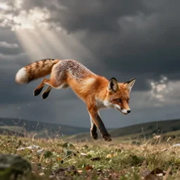 fox flying through landscape, concept art, cinematic lighting